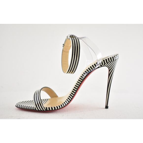 Christian Louboutin Jonatina 100 Black White Stripes Patent Sandal Heel Pump 37 - Picture 9 of 12